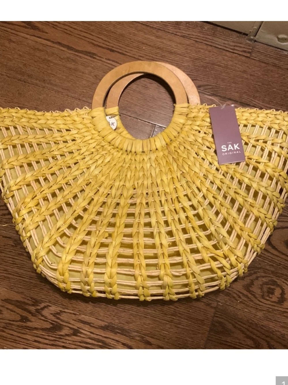 ISO The Sak Yellow Woven Tote with Wood Circle Handles